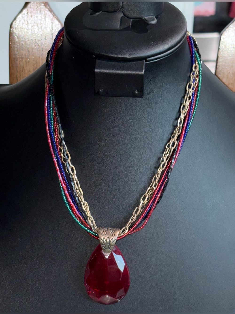 Faceted Red Glass Bead Multi-Strand Necklace